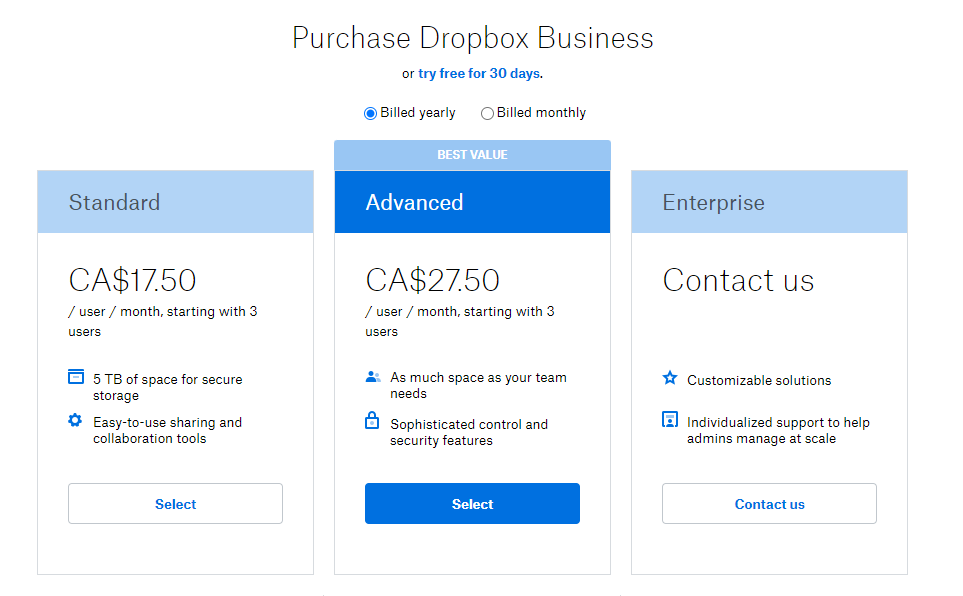 Traditional freemium pricing example Dropbox pricing page