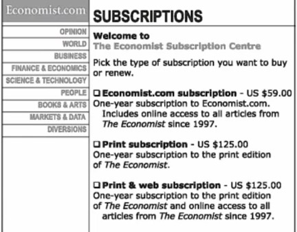 The Economist uses decoy pricing in their subscription options